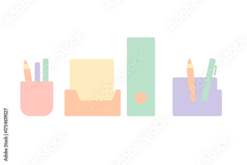 Minimalist pastel desk organization objects including binders pens pencils and sticky note holders