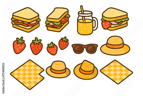 Isometric set of summer picnic food and accessories including sandwiches strawberries sun hats and sunglasses