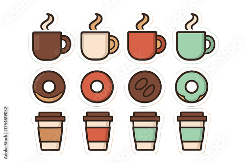 Colorful sticker collection of coffee mugs, disposable cups, and sweet donuts