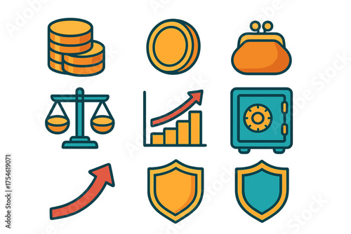 Financial and security icons set featuring coins safe graph and shield symbols