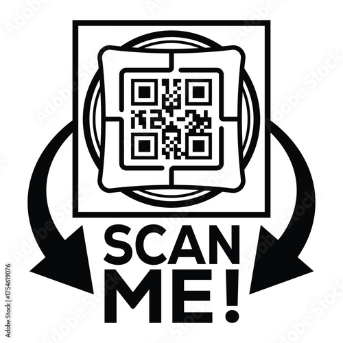 A bold, black and white vector graphic featuring a QR code centered in a square with targeting marks. Large arrows point to the text "SCAN ME!", creating a compelling call-to-action for immediate digi