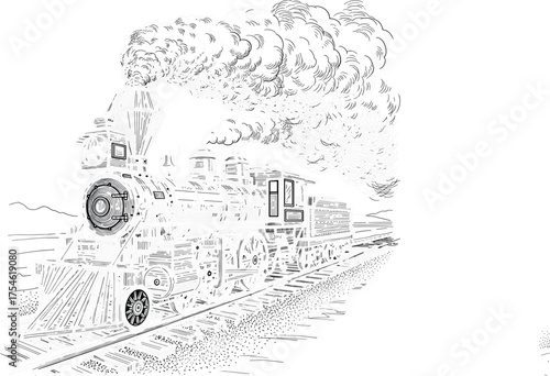Detailed Vintage Steam Train on Railroad Line Art Vector Illustration