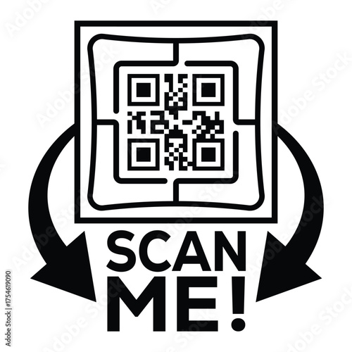 A bold, black and white vector graphic featuring a QR code centered in a square with targeting marks. Large arrows point to the text "SCAN ME!", creating a compelling call-to-action for immediate digi