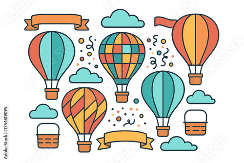Colorful hot air balloons flying in the sky with clouds and festive banners