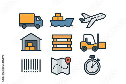 Detailed logistics and shipping elements including truck, ship, plane, warehouse, pallet, forklift, barcode, and map