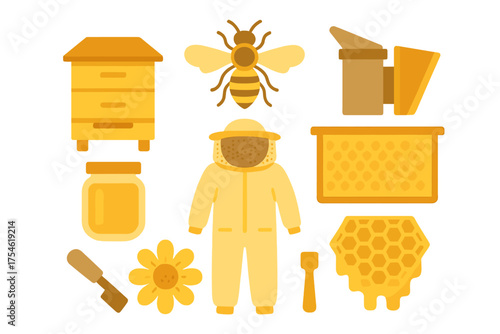 Collection of essential beekeeping elements: wooden hive, protective suit, honey jar, honeycomb, smoker, and worker bee