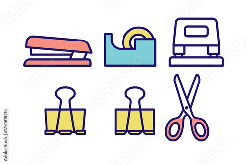 Colorful collection of essential office and school stationery items and supplies