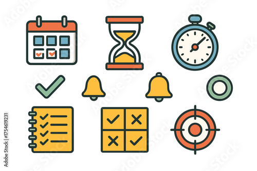 Collection of productivity and time management icons including calendar, stopwatch, hourglass, checklist, and target