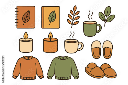 Cozy autumn and winter essentials set with warm sweaters, steaming mugs, and burning candles