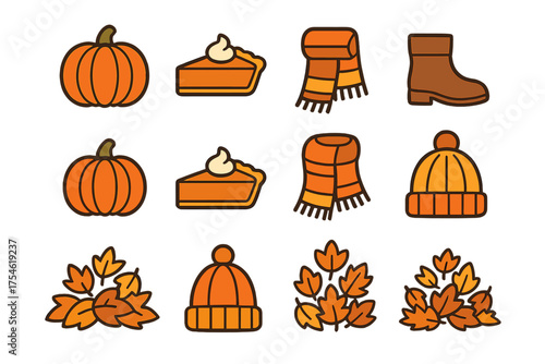 Seasonal autumn icons featuring pumpkins, warm clothing, baked goods, and fallen foliage