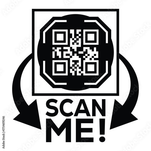 A bold, black and white vector graphic featuring a QR code centered in a square with targeting marks. Large arrows point to the text "SCAN ME!", creating a compelling call-to-action for immediate digi