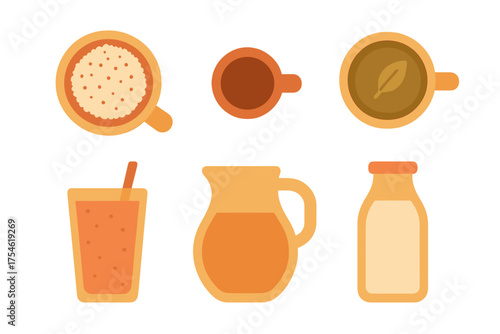 Set of six different beverage containers including coffee tea juice and milk, overhead view