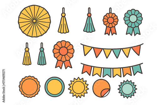 Colorful assortment of party and carnival decorations with rosettes and banners