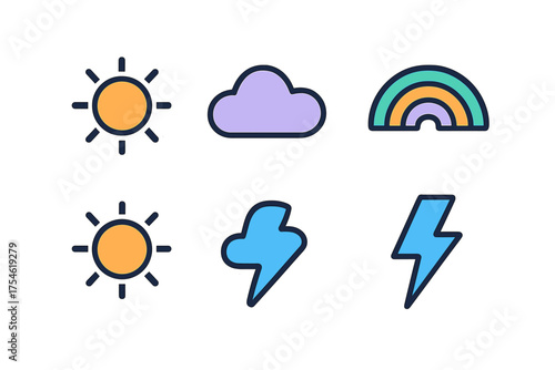 Bright collection of weather forecast symbols including sun cloud rainbow and lightning