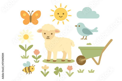 Cute spring farm animals and nature elements set including lamb butterfly bee and sun