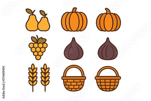 Set of autumn harvest symbols including pumpkin, pear, grape, fig, wheat, and wicker basket