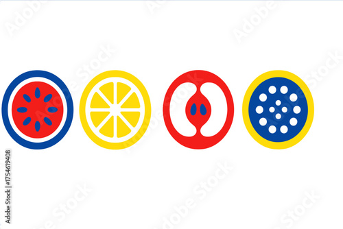 Abstract colorful fruit slices featuring lemon, apple, and seeded designs