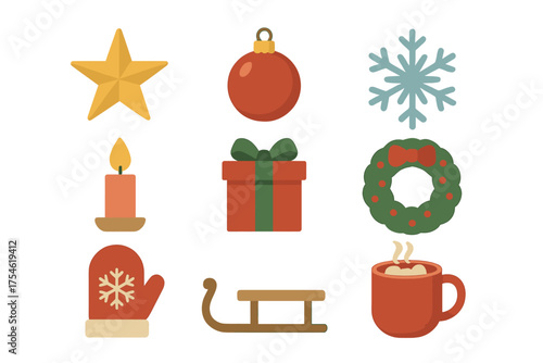 Colorful set of Christmas and winter holiday symbols including star, snowflake, gift, wreath, and warm drink