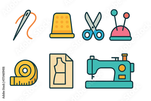 Essential sewing and tailoring equipment collection featuring needle, thimble, scissors, and sewing machine