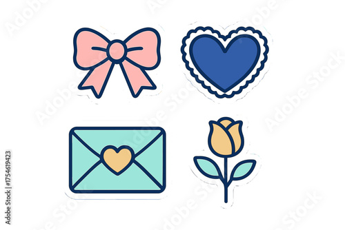Pink bow blue heart love letter envelope and yellow rose romantic icons set