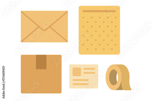 Collection of essential shipping and mailing supplies including envelope, box, and tape