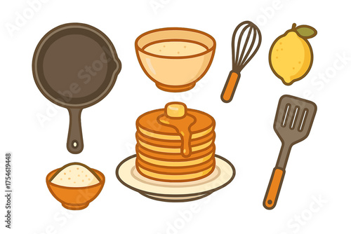 Delicious pancake breakfast cooking set featuring skillet, whisk, batter, and fresh lemon ingredients