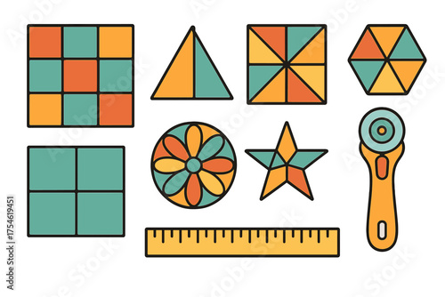 Colorful geometric quilting patterns and sewing tools set with rotary cutter and ruler