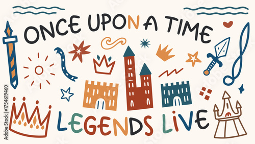 A medieval fantasy doodle scene with castles, dragons, knights, crowns, and swords.
