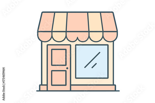 Cartoon illustration of a small retail store facade with a striped awning and front window