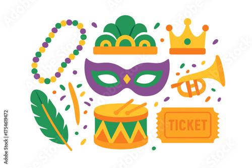 Traditional Mardi Gras celebration elements set with mask beads and musical instruments