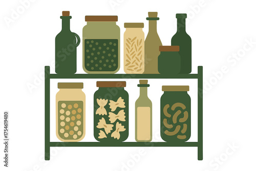 Neatly arranged kitchen storage jars and bottles filled with dry foods and preserved ingredients