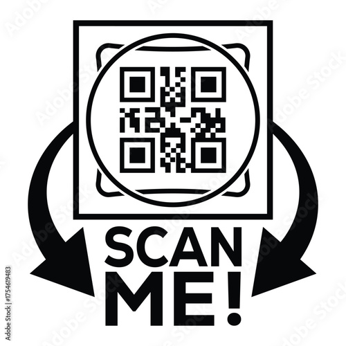 A bold, black and white vector graphic featuring a QR code centered in a square with targeting marks. Large arrows point to the text "SCAN ME!", creating a compelling call-to-action for immediate digi