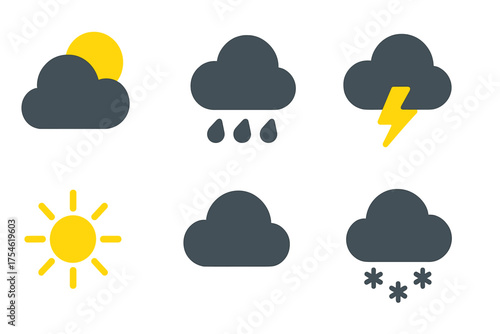 Set of six essential weather forecast icons: sun, clouds, rain, snow, and lightning storm symbols