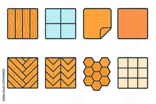 Set of various interior floor covering materials and surface textures patterns