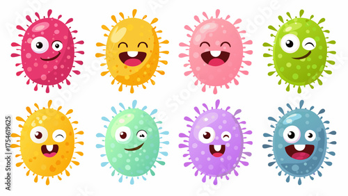 A set of colorful cartoon microbes, each representing a different color of the rainbow.
