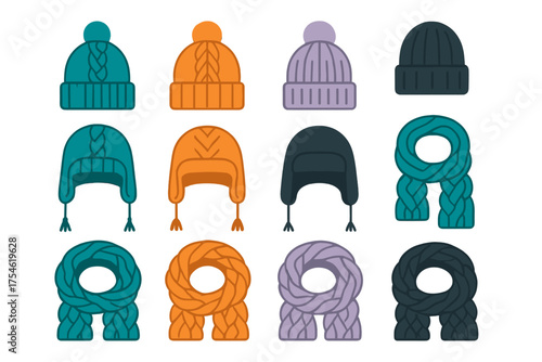 Assortment of warm knitted winter accessories including beanies trapper hats and cozy scarves