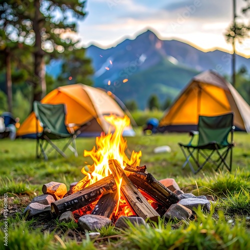 Camping scene with campfire, tents, and chairs set against a backdrop of mountains at sunset