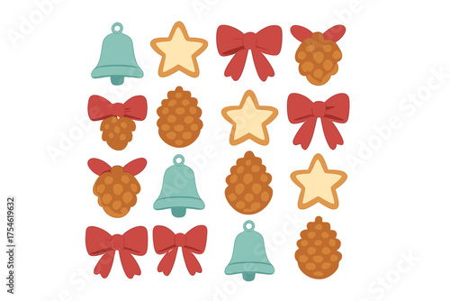 Festive seamless pattern with Christmas ornaments including bells, stars, bows, and pinecones