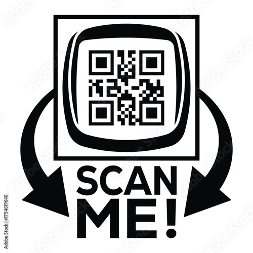 A bold, black and white vector graphic featuring a QR code centered in a square with targeting marks. Large arrows point to the text "SCAN ME!", creating a compelling call-to-action for immediate digi