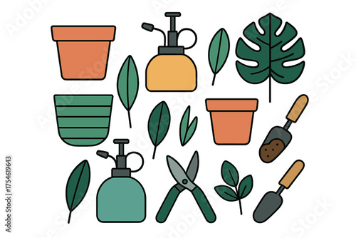 Indoor gardening supplies set with terracotta pots, sprayers, pruning shears, and tropical leaves