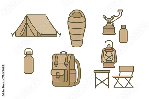 Essential camping and hiking equipment set with tent, sleeping bag, backpack, and lantern