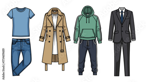 Diverse Fashion Outfits: Casual, Trench Coat, Sportswear & Formal Suit Styles