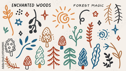 A whimsical doodle set showing fairies, mushrooms, glowing lanterns, leaves, and forest flowers.