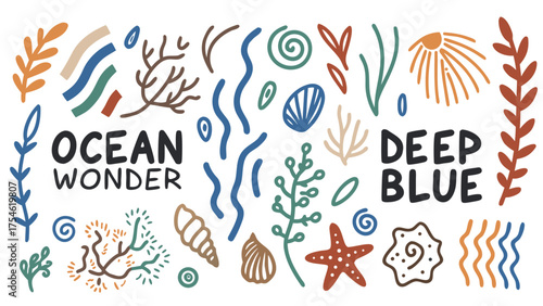 An aquatic doodle set featuring fish, seaweed, coral, shells, and jellyfish.