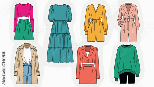 Women's Fashion Flat Sketch Collection. Vector illustrations of stylish apparel including dresses, tops, shorts, jumpsuits, and jackets.