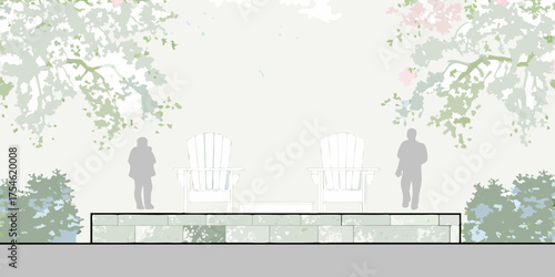 Stylized illustration of a garden patio with adirondack chairs and silhouetted figures under trees