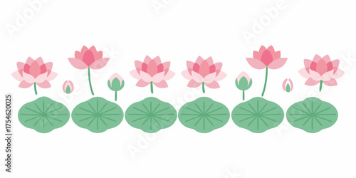 A row of pink lotus flowers and green lily pads against a white background