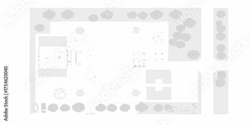 Architectural top down view of a modern building complex with surrounding trees and landscaping elements