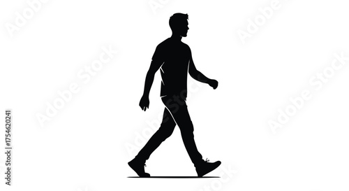 Clean silhouette of a male figure in motion, depicted walking forward, symbolizing individual journey, activity, and progress in a versatile graphic format, suitable for various design applications
