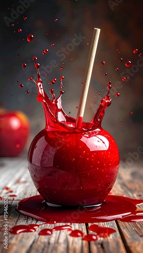 Candy apple with stick, surrounded by dripping sugar and water splashes on wood
